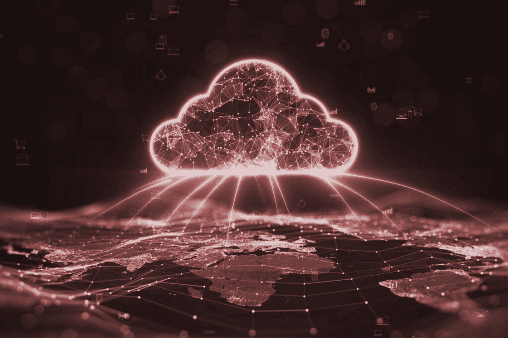 Cloud made of glowing network lines above a world map
