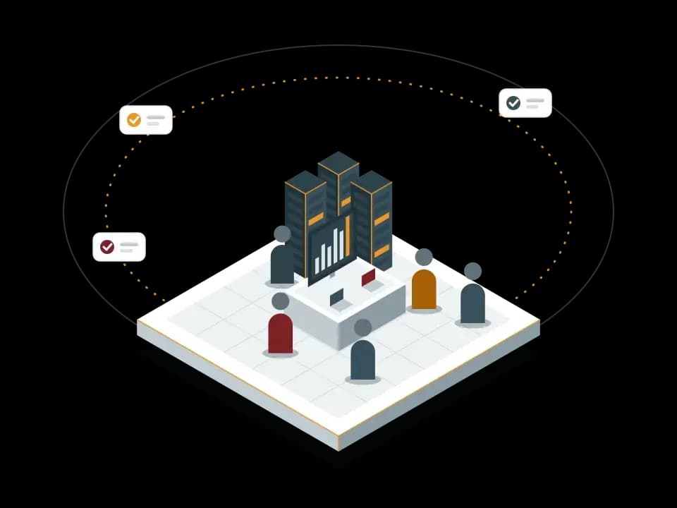 An IT team working around server racks and a monitoring screen, with check marks for completed tasks and a continuous operations loop; an isometric illustration of managed IT services