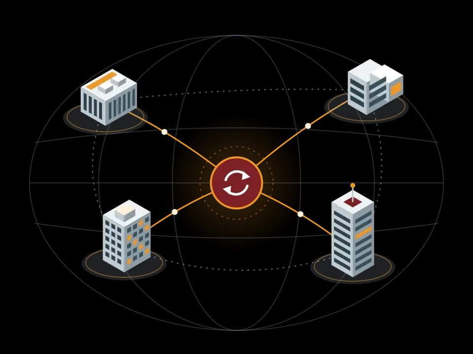 Four office and data centre buildings linked by orange connections to a central sync hub; a flat isometric illustration of Synchron as an IT partner across several locations