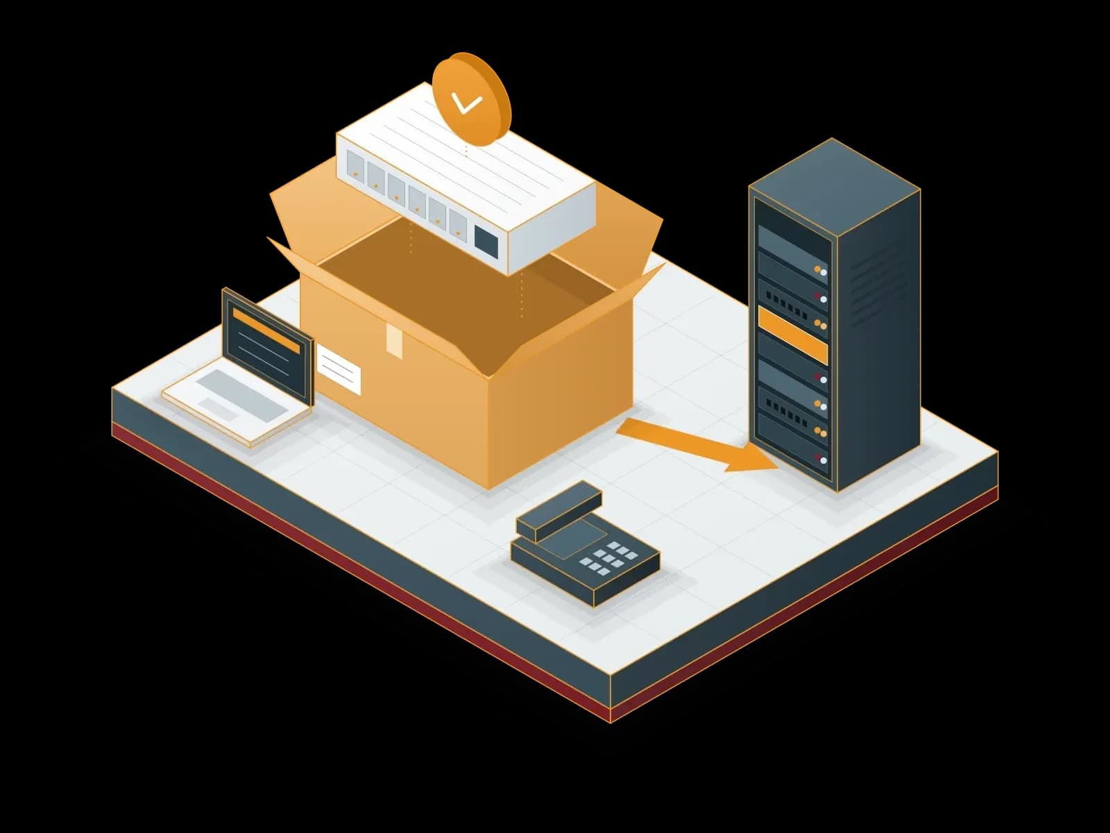 Hardware procurement: a verified server lifts out of an open carton, an arrow leads to its install in the rack, beside a delivered laptop and an IP phone.