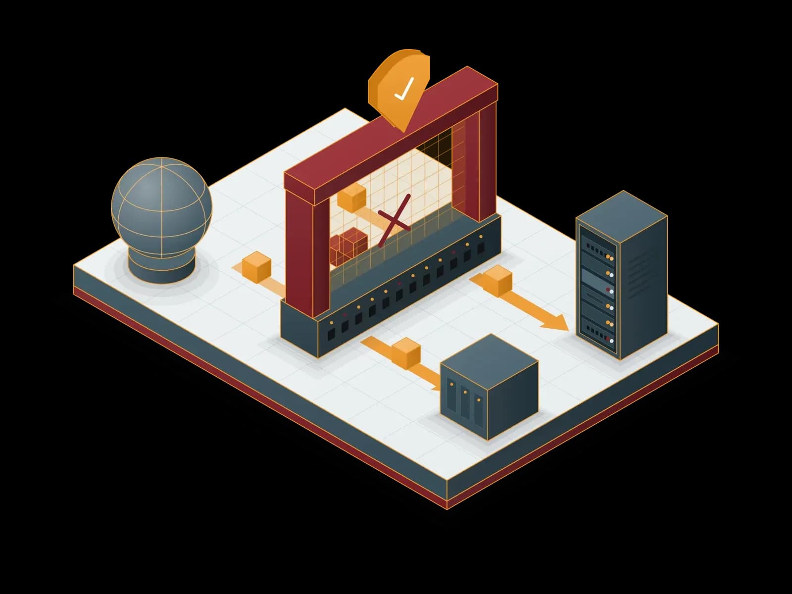 Isometric illustration: data packets from the internet pass a firewall gate; malicious packets are stopped with a red cross while allowed traffic reaches the servers.