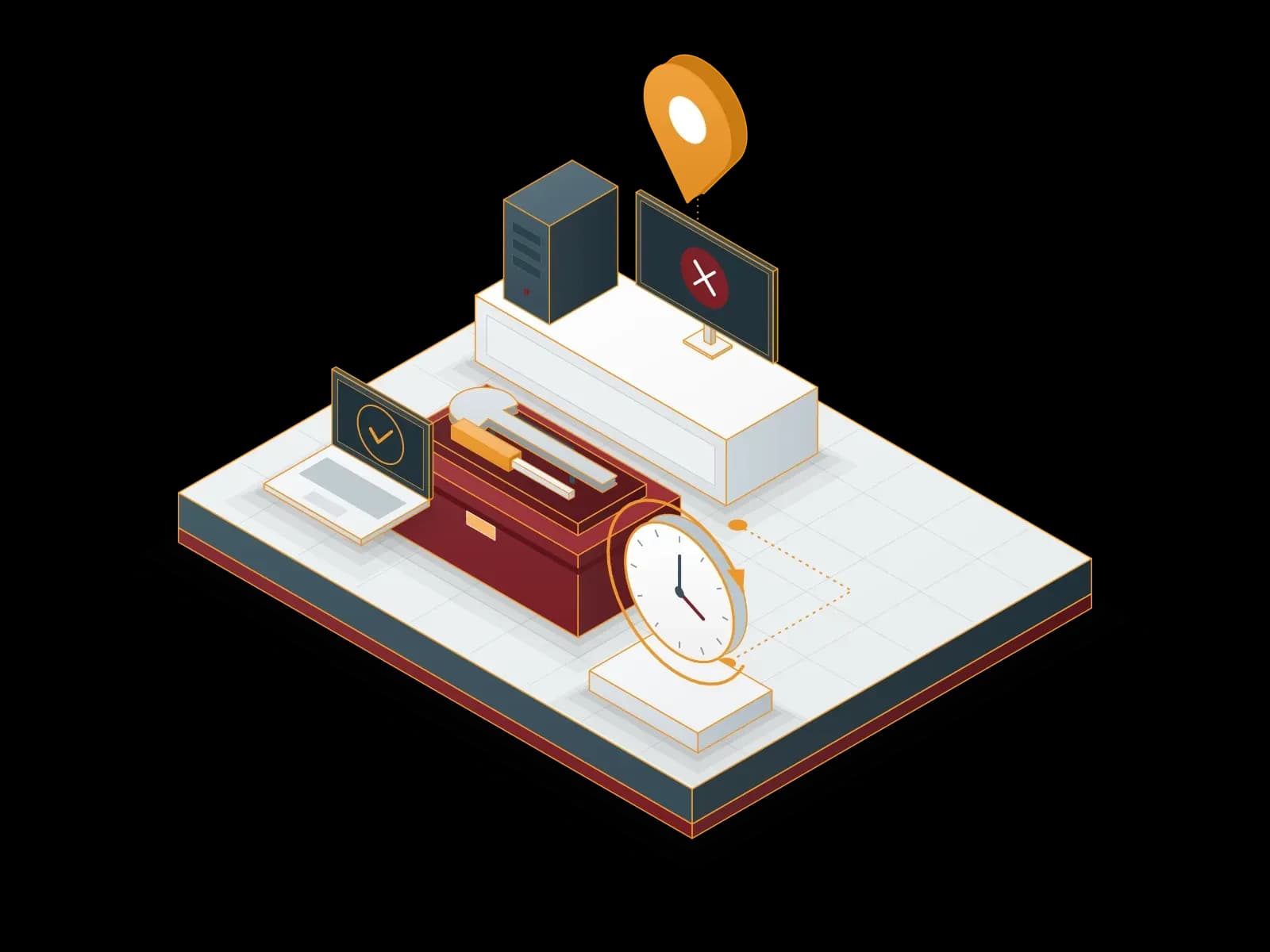 On-site support services: a location pin above a faulty workstation, an open toolbox with wrench and screwdriver, a 24/7 clock and a remote support laptop.