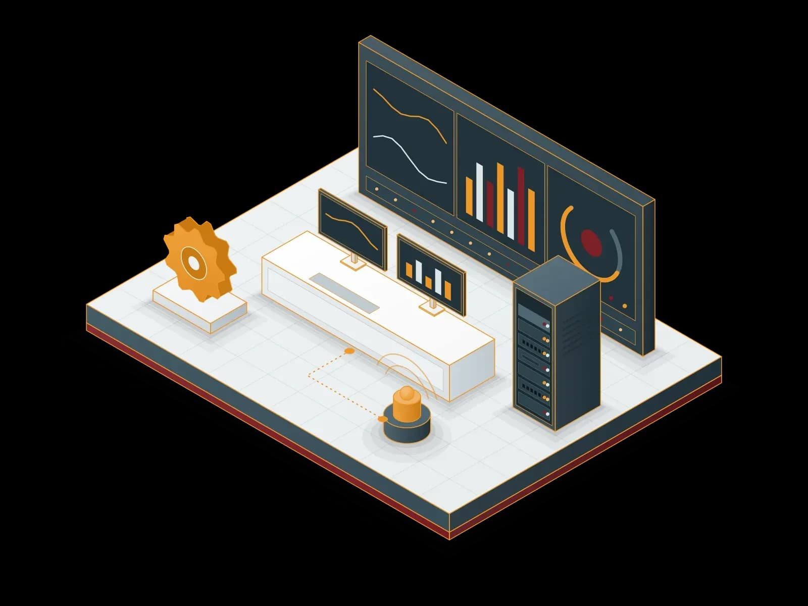 A monitoring wall with charts and status indicators, an operations desk with two screens, a server rack, a gear symbol and a warning beacon; an isometric illustration of managed IT services and 24/7 monitoring