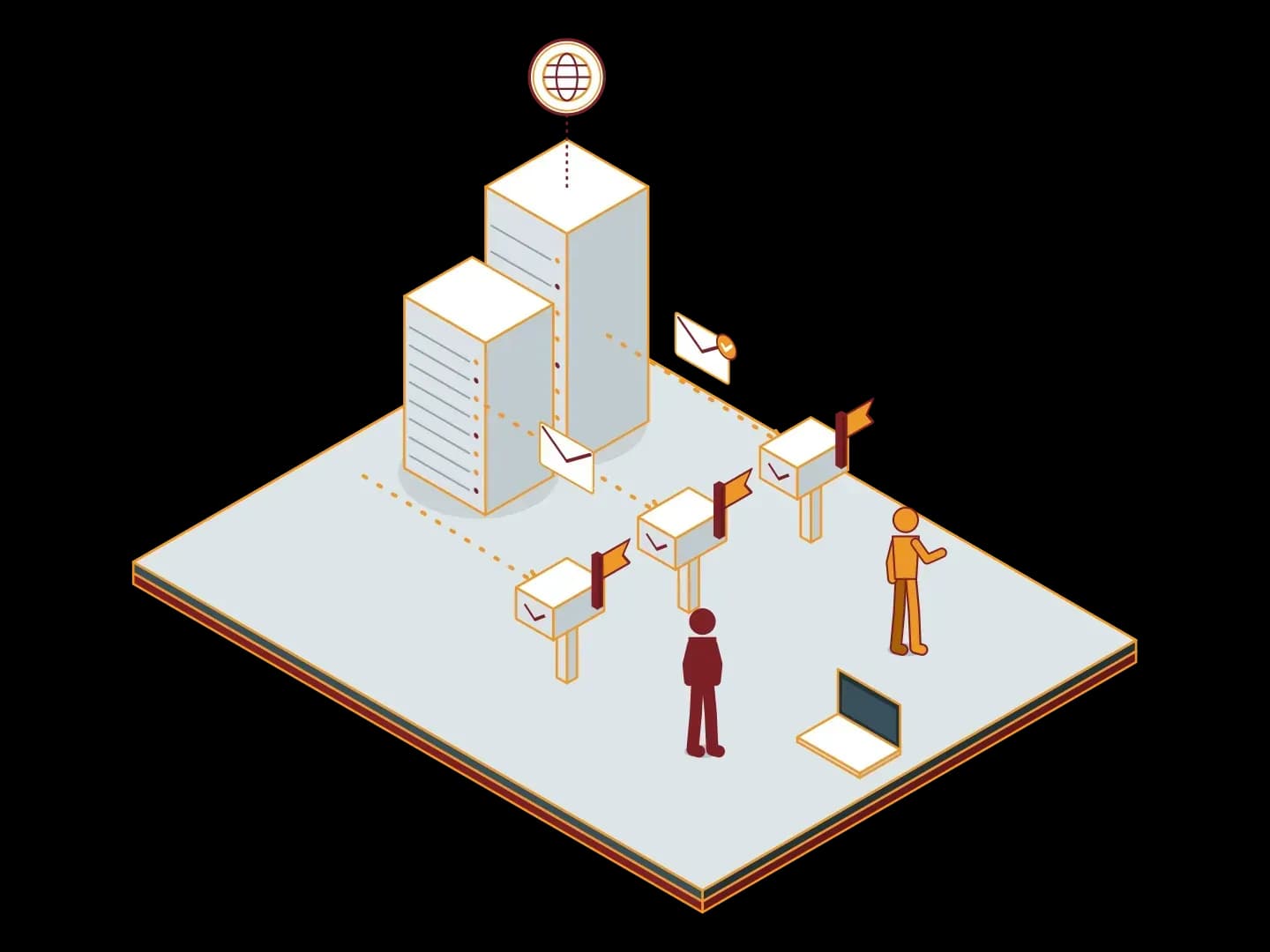 E-mails leave a Synchron mail server and reach mailboxes that carry the same domain flag; an isometric illustration of the enterprise e-mail service