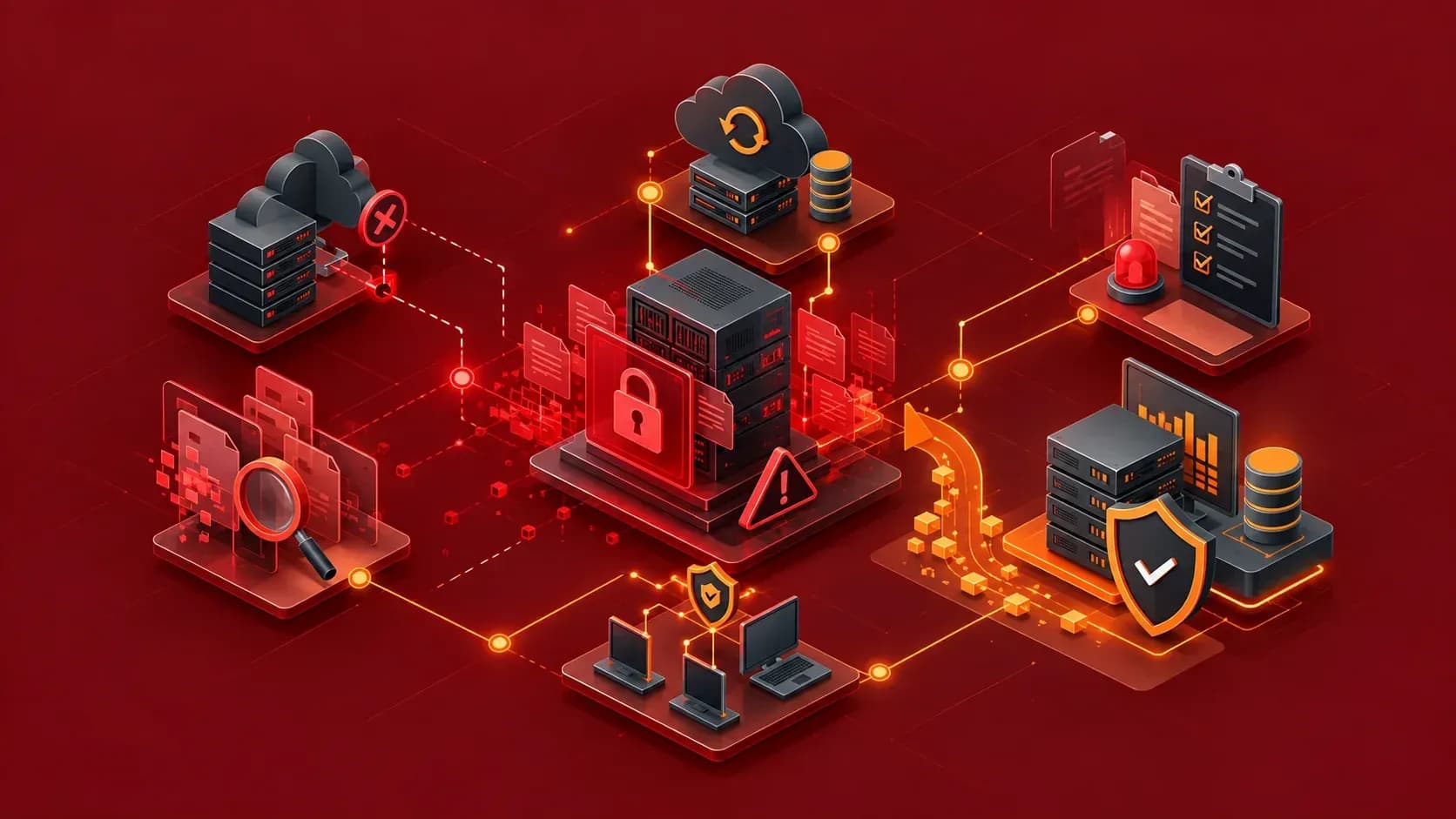 Ілюстрація: зашифрований сервер під час атаки ransomware, відновлення з резервної копії та кроки реагування на інцидент
