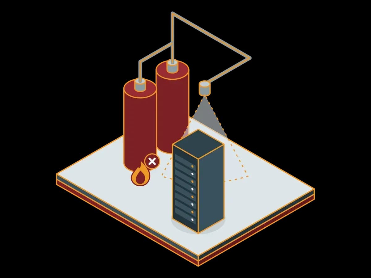 Pipes run from red FM-200 gas cylinders to a ceiling nozzle that spreads suppression gas over a rack, with a cross on a flame symbol; an isometric illustration of a gas fire suppression system