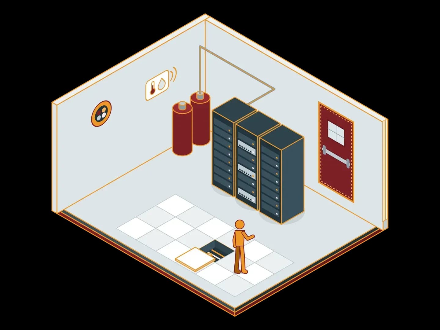 A system room cutaway: racks, gas suppression cylinders with a ceiling nozzle, a temperature and humidity sensor on the wall, a sealed cable penetration, a raised floor and a fire door with a panic bar; isometric illustration