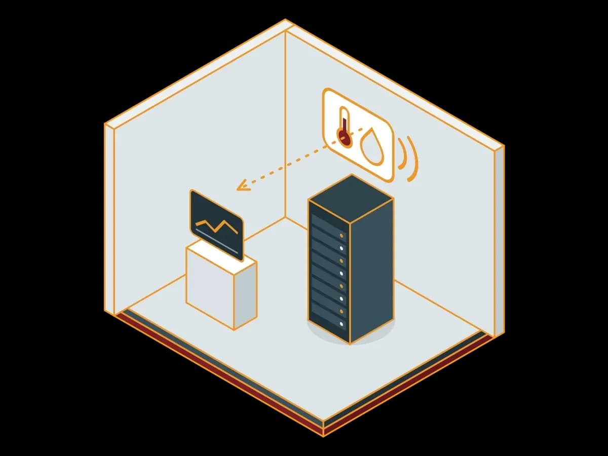 A temperature and humidity sensor on the wall sends readings to a monitoring screen that shows a trend line; an isometric illustration of system room environment monitoring