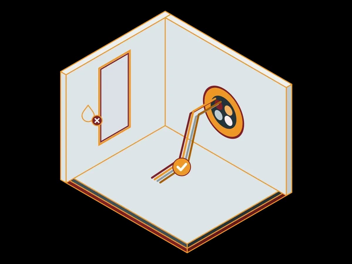 A cable bundle that passes through the wall is closed with a fire-stop sleeve, and the door seal stops a water drop; an isometric illustration of system room sealing