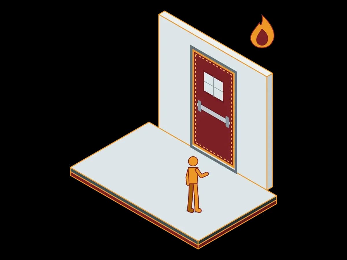A fire door with an intumescent edge seal and a panic bar stays closed against a fire behind the wall, with a worker in front; an isometric illustration of a system room door