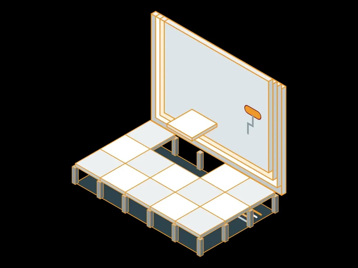 A raised floor on pedestals with cables under a lifted panel, and a wall built from fire-rated plasterboard layers and paint; an isometric illustration of system room floor and wall construction