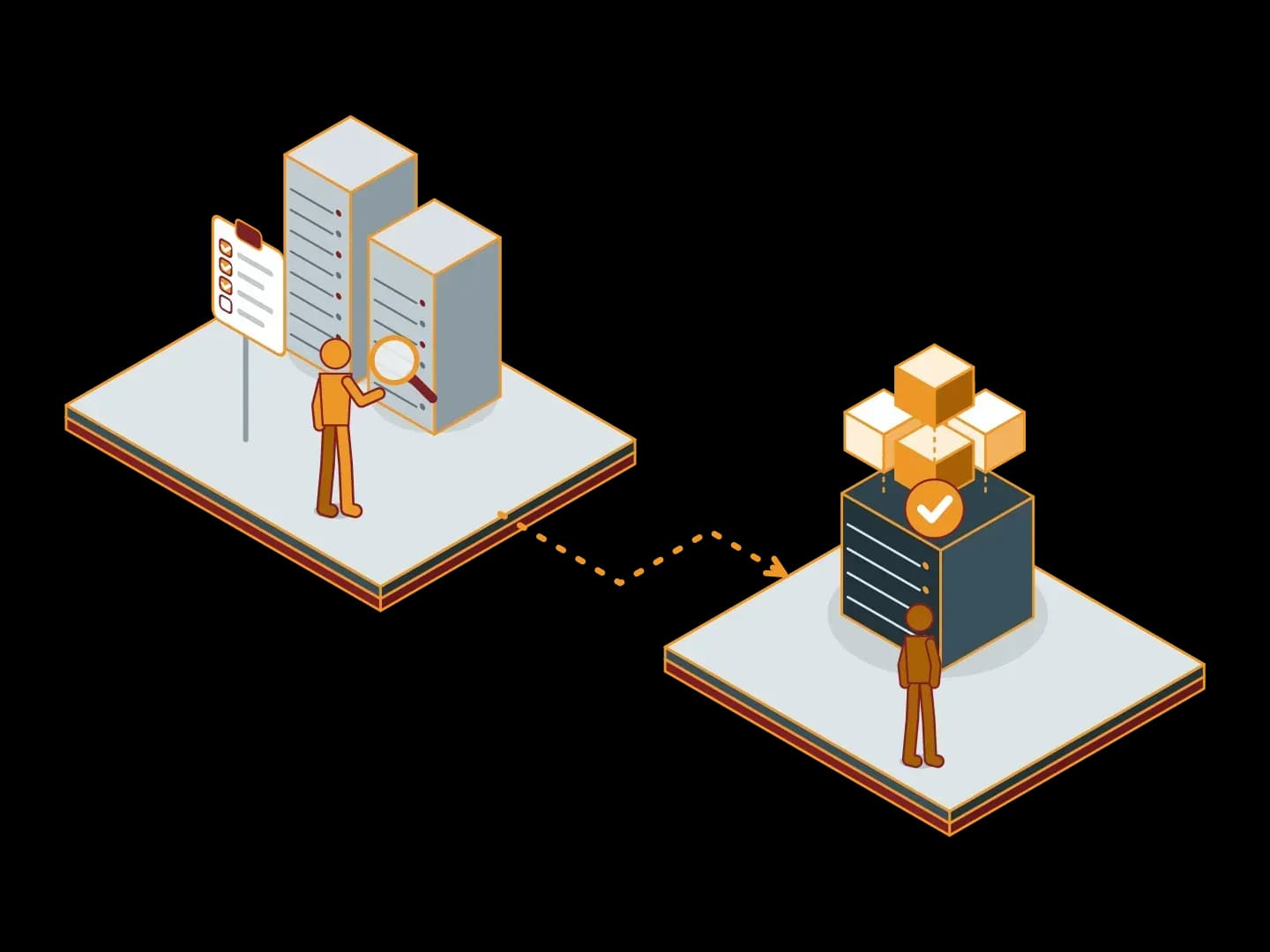 An engineer with a checklist and a magnifying glass takes inventory in front of old server racks, and a dashed orange path leads to a new virtualisation platform with a check mark; an isometric illustration of a VMware to Proxmox VE migration assessment
