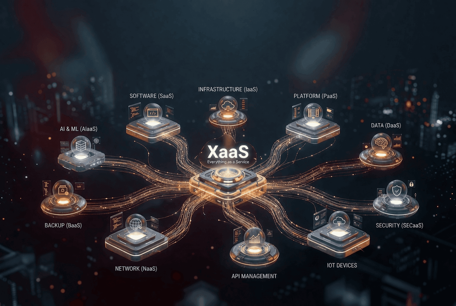 XaaS hub connected to SaaS, IaaS, PaaS, backup, network and security service icons
