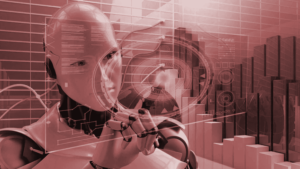 Humanoid robot touching data charts on a transparent screen