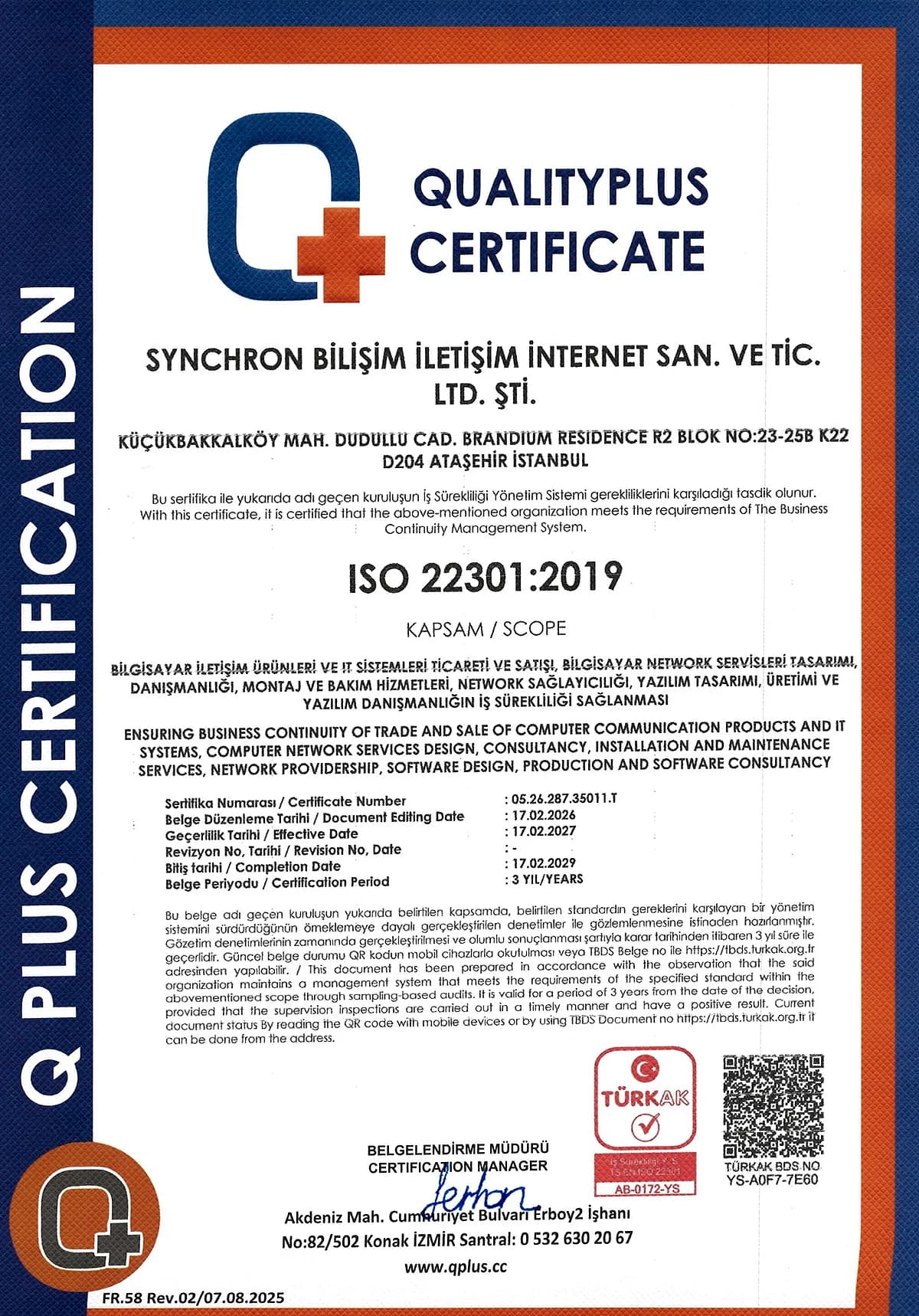 ISO 22301:2019 certificate of Synchron Bilişim