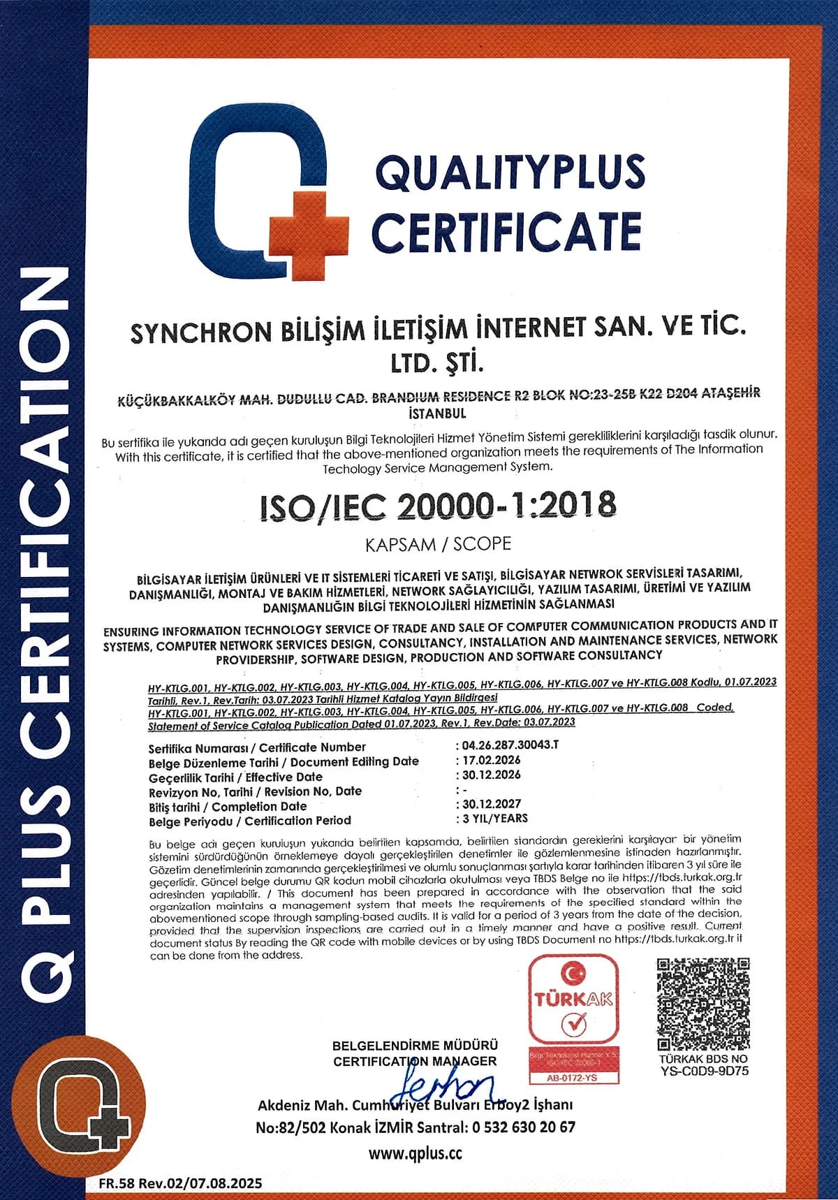 ISO/IEC 20000-1:2018 certificate of Synchron Bilişim