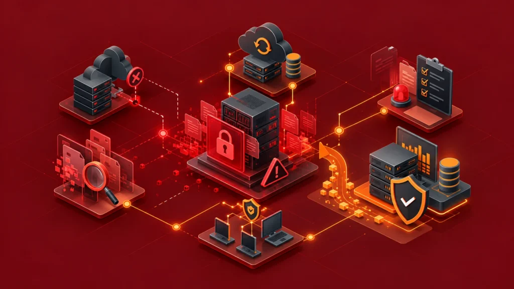 Ransomware saldırısı sırasında şifrelenen sunucu, yedekten geri dönüş ve olay müdahale adımlarını gösteren illüstrasyon