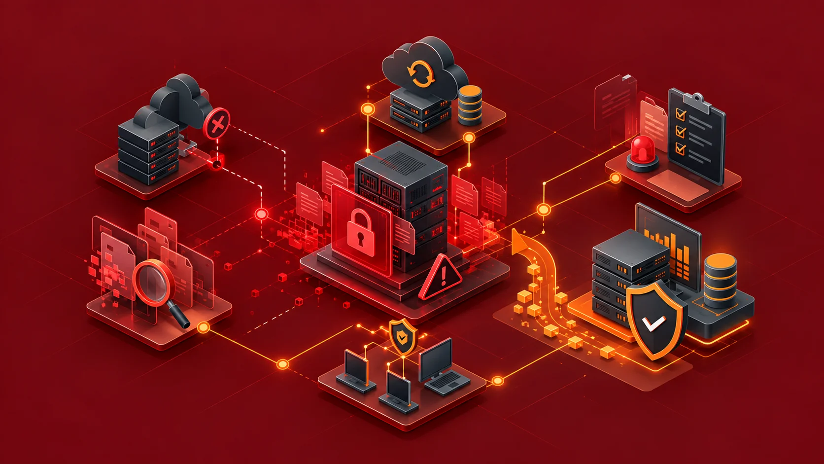 Ransomware saldırısı sırasında şifrelenen sunucu, yedekten geri dönüş ve olay müdahale adımlarını gösteren illüstrasyon